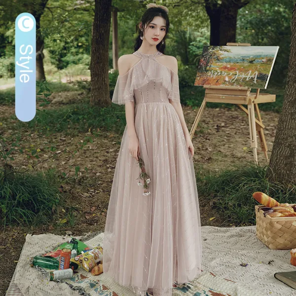 Modest / Simple Dusky Pink Sequins Bridesmaid Dresses 2021 A-Line / Princess Short Sleeve Backless Floor-Length / Long Wedding Party Dresses