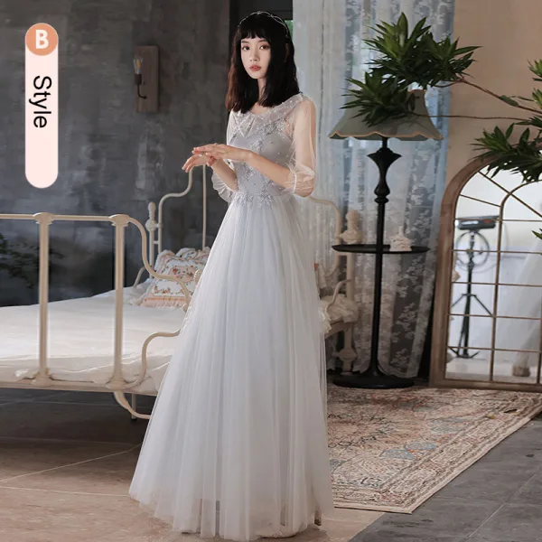 Chic / Beautiful Grey Pearl Lace Flower Bridesmaid Dresses 2021 A-Line / Princess Short Sleeve Backless Floor-Length / Long Bridesmaid Wedding Party Dresses