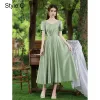 Modest / Simple Olive Green Satin Bridesmaid Dresses 2021 A-Line / Princess Short Sleeve Tea-length Bridesmaid Wedding Party Dresses