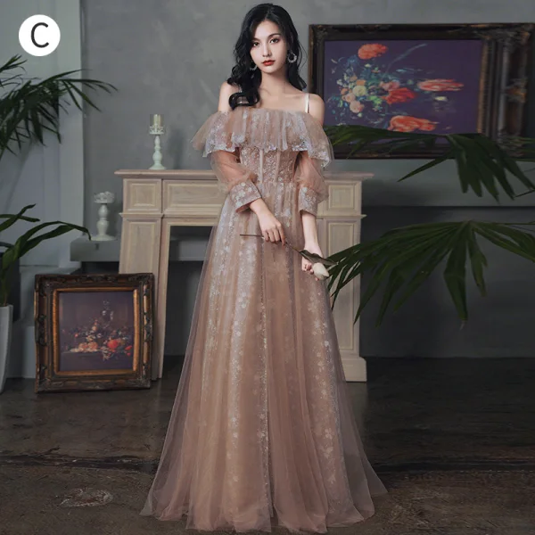 Chic / Beautiful Champagne Glitter Bridesmaid Dresses 2021 A-Line / Princess Short Sleeve Lace Flower Backless Floor-Length / Long Bridesmaid Wedding Party Dresses