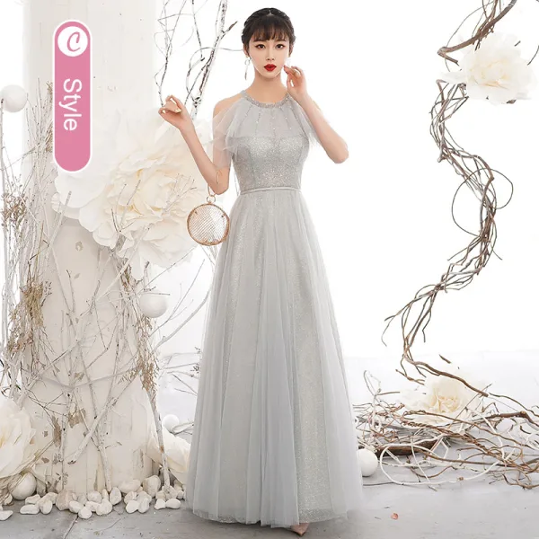 Chic / Beautiful Silver Grey Sequins Bridesmaid Dresses 2021 A-Line / Princess Short Sleeve Backless Sash Floor-Length / Long Wedding Party Dresses