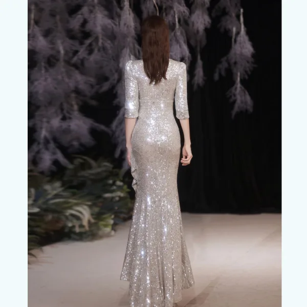 Sparkly Sexy Silver Sequins Evening Dresses 2021 Trumpet / Mermaid V-Neck 1/2 Sleeves Floor-Length / Long Evening Party Formal Dresses