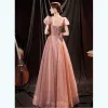 Brillante Rosa Glitter Lentejuelas Vestidos de gala 2021 A-Line / Princess V-Cuello Apliques Manga Corta Sin Espalda Largos Vestidos Formales