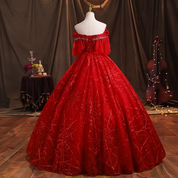 Charmant Bordeaux Paillettes Robe De Bal 2021 Robe Boule Bustier Manches Courtes Dos Nu Perlage Ceinture Longue Promo Robe De Ceremonie