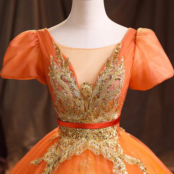 Elegant Orange Beading Pearl Sequins Prom Dresses 2021 Ball Gown Square Neckline Puffy Short Sleeve Backless Sash Floor-Length / Long Formal Dresses