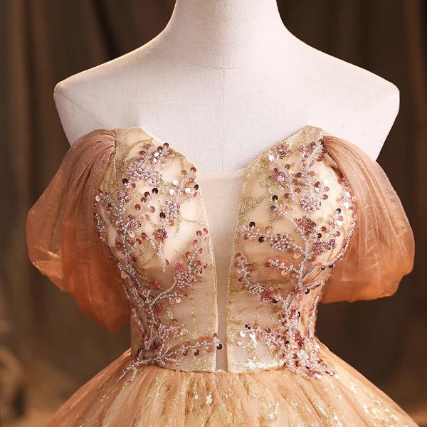 Charming Champagne Beading Pearl Sequins Prom Dresses 2021 Ball Gown Strapless Sleeveless Backless Floor-Length / Long Formal Dresses