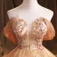 Charming Champagne Beading Pearl Sequins Prom Dresses 2021 Ball Gown Strapless Sleeveless Backless Floor-Length / Long Formal Dresses