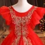 Elegant Red Prom Dresses Floor-Length / Long 2021 Ball Gown Scoop Neck Beading Sequins Puffy Short Sleeve Backless Prom Formal Dresses