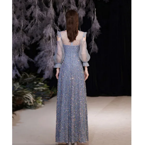 Sparkly Sky Blue Beading Sequins Evening Dresses 2021 A-Line / Princess Scoop Neck 3/4 Sleeve Evening Party Floor-Length / Long Formal Dresses