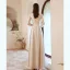 Charming Beige Beading Sequins Prom Dresses 2021 A-Line / Princess V-Neck Pearl Rhinestone Sash 3/4 Sleeve Backless Floor-Length / Long Prom Formal Dresses