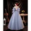 Chic Bleu Ciel Robe De Bal 2021 Princesse Bretelles Spaghetti Perle En Dentelle Fleur Appliques Volants Manches Courtes Ceinture Noeud Longue Dos Nu Robe De Ceremonie