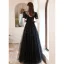 Charmant Noire Perlage Paillettes Robe De Bal 2021 Princesse Col Haut Manches Courtes Dos Nu Longue Robe De Ceremonie