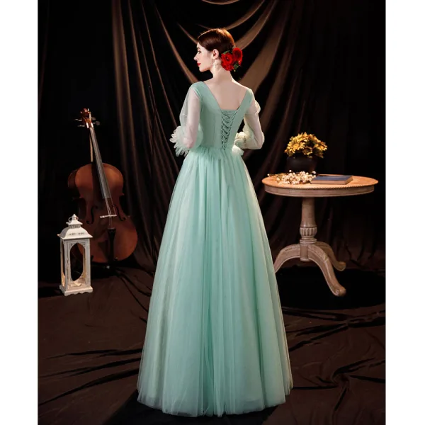 Chic / Beautiful Mint Green Prom Dresses 2021 A-Line / Princess V-Neck Bell sleeves Backless Pearl Sequins Lace Flower Floor-Length / Long Formal Dresses