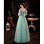 Chic / Beautiful Mint Green Prom Dresses 2021 A-Line / Princess V-Neck Bell sleeves Backless Pearl Sequins Lace Flower Floor-Length / Long Formal Dresses