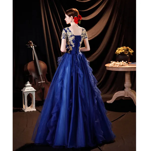Élégant Bleu Roi Robe De Bal 2021 Princesse Encolure Dégagée Perlage En Dentelle Fleur Manches Courtes Dos Nu Longue Robe De Ceremonie