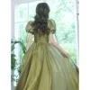 Chic / Beautiful Clover Green Prom Dresses 2021 A-Line / Princess V-Neck Puffy Short Sleeve Backless Floor-Length / Long Formal Dresses