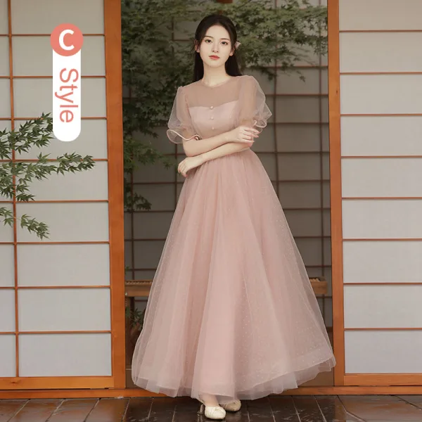Modest / Simple Dusky Pink Bridesmaid Dresses 2021 A-Line / Princess Short Sleeve Floor-Length / Long Wedding Party Dresses
