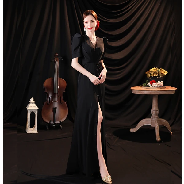 Sexy Black Split Front Evening Dresses 2021 Trumpet / Mermaid V-Neck Satin Short Sleeve Evening Party Floor-Length / Long Formal Dresses