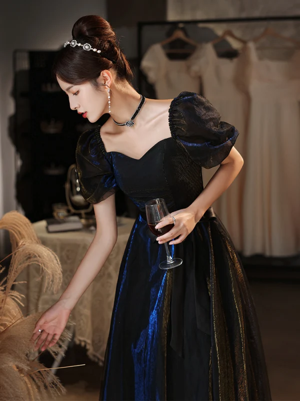 Charming Black Evening Dresses 2021 A-Line / Princess Square Neckline Puffy Short Sleeve Backless Floor-Length / Long Evening Party Formal Dresses