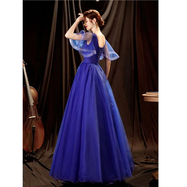 Élégant Bleu Roi Robe De Bal 2021 Princesse V-Cou Manches Courtes Dos Nu Perlage Paillettes En Dentelle Fleur Longue Robe De Ceremonie