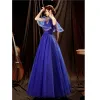 Elegant Royal Blue Prom Dresses 2021 A-Line / Princess V-Neck Short Sleeve Backless Beading Sequins Lace Flower Floor-Length / Long Formal Dresses