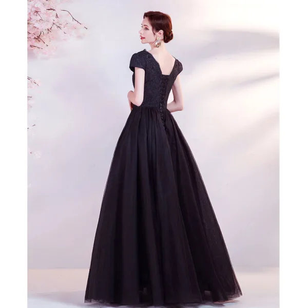 Elegant Black Prom Dresses 2021 A-Line / Princess V-Neck Beading Rhinestone Lace Flower Short Sleeve Backless Floor-Length / Long Formal Dresses