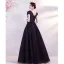 Elegant Black Prom Dresses 2021 A-Line / Princess V-Neck Beading Rhinestone Lace Flower Short Sleeve Backless Floor-Length / Long Formal Dresses