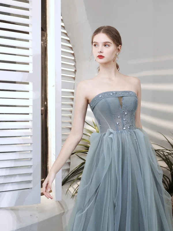 Modest / Simple Sky Blue Beading Prom Dresses 2021 A-Line / Princess Strapless Sleeveless Backless Floor-Length / Long Formal Dresses