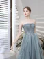 Modest / Simple Sky Blue Beading Prom Dresses 2021 A-Line / Princess Strapless Sleeveless Backless Floor-Length / Long Formal Dresses