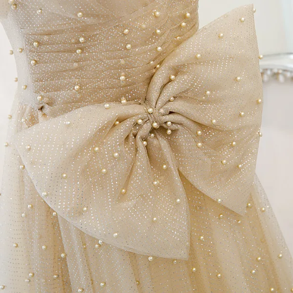 Élégant Champagne Robe De Bal Princesse 2021 V-Cou Noeud Paillettes Perle Manches Courtes Dos Nu Longue Robe De Ceremonie