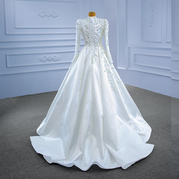 High-end Elegant Ivory Satin Wedding Dresses 2021 A-Line / Princess High Neck Beading Pearl Sequins Long Sleeve Sweep Train Wedding