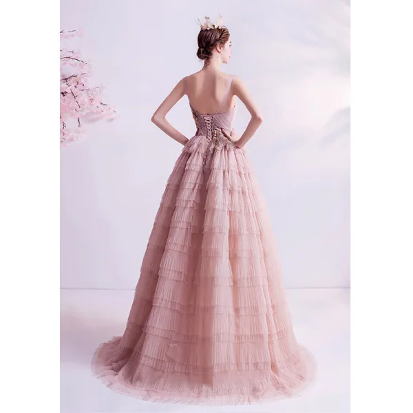 Chic / Belle Rougissant Rose Volants en Cascade Robe De Bal 2021 Princesse Encolure Dégagée Perlage Perle Paillettes En Dentelle Fleur Sans Manches Dos Nu Longue Robe De Ceremonie