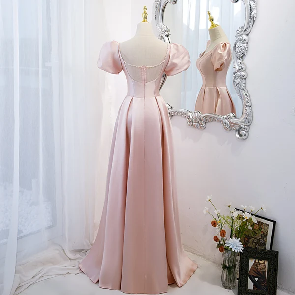 Elegante Pink Satin Ballkleider 2021 A Linie Perle V-Ausschnitt Geschwollenes Kurze Ärmel Rückenfreies Lange Festliche Kleider