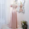 Elegant Candy Pink Satin Prom Dresses 2021 A-Line / Princess Pearl V-Neck Puffy Short Sleeve Backless Floor-Length / Long Formal Dresses