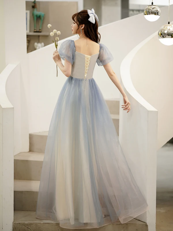 Affordable Sky Blue Gradient-Color Glitter Prom Dresses 2021 A-Line / Princess Square Neckline Pearl Puffy Short Sleeve Backless Floor-Length / Long Formal Dresses