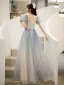 Affordable Sky Blue Gradient-Color Glitter Prom Dresses 2021 A-Line / Princess Square Neckline Pearl Puffy Short Sleeve Backless Floor-Length / Long Formal Dresses