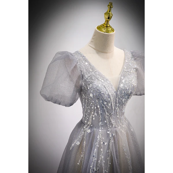 Charming Grey Prom Dresses 2021 A-Line / Princess V-Neck Beading Sequins Puffy Short Sleeve Backless Floor-Length / Long Formal Dresses