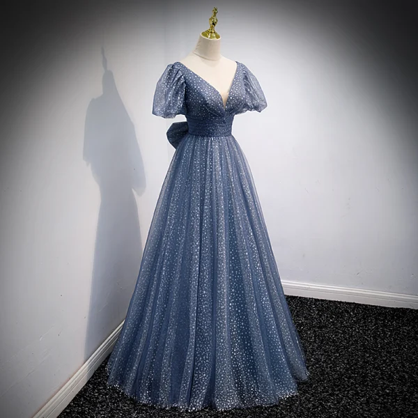 Charming Ocean Blue Spotted Prom Dresses 2021 A-Line / Princess V-Neck Puffy Short Sleeve Backless Bow Floor-Length / Long Prom Formal Dresses