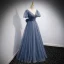 Charming Ocean Blue Spotted Prom Dresses 2021 A-Line / Princess V-Neck Puffy Short Sleeve Backless Bow Floor-Length / Long Prom Formal Dresses