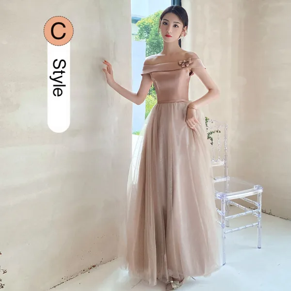 Chic / Beautiful Blushing Pink Bridesmaid Dresses 2021 A-Line / Princess Bow Sash Rhinestone Short Sleeve Backless Floor-Length / Long Wedding Party Dresses