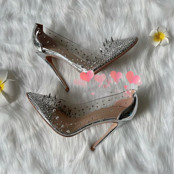 Sexy Transparent Silver Evening Party Rivet Rhinestone Pumps 2021 12 cm Stiletto Heels Pointed Toe Pumps High Heels
