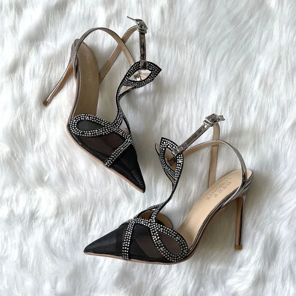 Sexy Noire Soirée Faux Diamant Sandales Femme 2021 Cuir T-Strap 10 cm Talons Aiguilles À Bout Pointu Sandales Talons Hauts