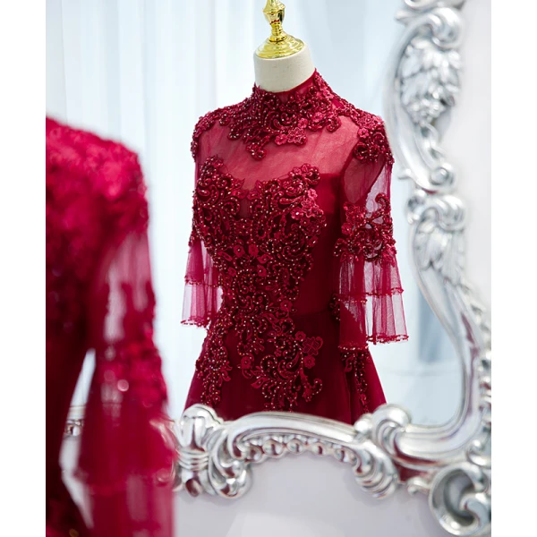 Elegant Burgundy Prom Dresses 2021 A-Line / Princess High Neck Beading Rhinestone Lace Flower 3/4 Sleeve Backless Floor-Length / Long Formal Dresses