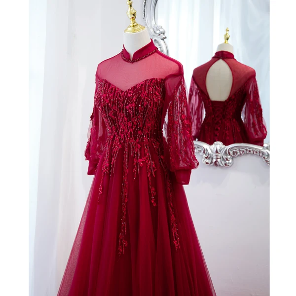 Chic / Belle Bordeaux Robe De Bal 2021 Princesse Col Haut Perlage Faux Diamant Paillettes 3/4 Manches Dos Nu Train De Balayage Promo Robe De Ceremonie