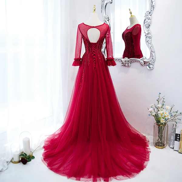 Chic / Belle Bordeaux Robe De Bal 2021 Princesse U-Cou Perlage En Dentelle Fleur Manches Longues Dos Nu Longue Promo Robe De Ceremonie
