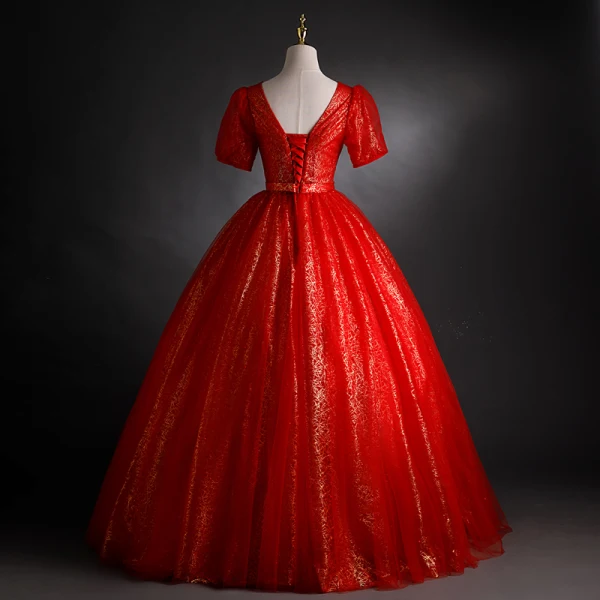 Chic / Belle Rouge Robe De Bal 2021 Robe Boule Encolure Dégagée Perlage Paillettes Manches Courtes Dos Nu Ceinture Longue Robe De Ceremonie