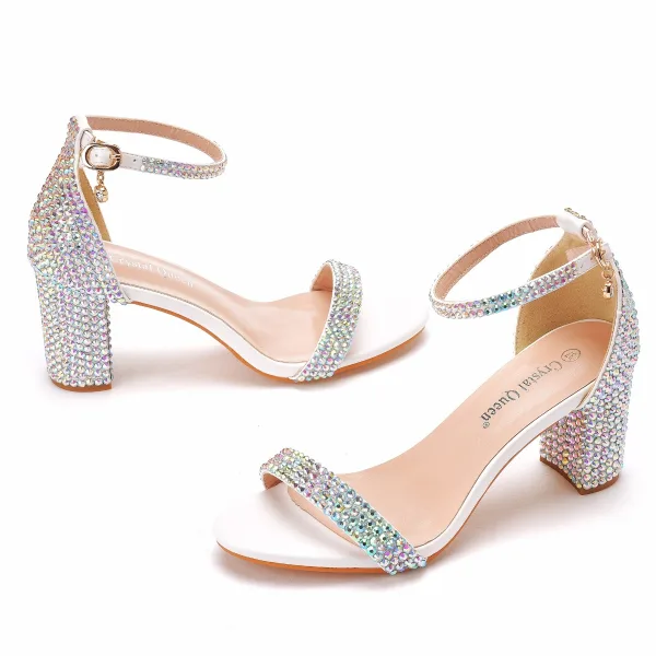Charmant Multi-Couleurs Cocktail Soirée Sandales Femme 2021 Faux Diamant Bride Cheville 7 cm Talons Épais Peep Toes / Bout Ouvert Sandales Talons Hauts