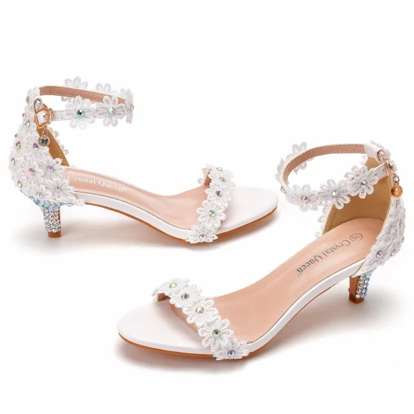 Uroczy Białe Rhinestone Z Koronki Kwiat Buty Ślubne 2021 Z Paskiem 5 cm Szpilki Peep Toe Ślub Sandały Wysokie Obcasy