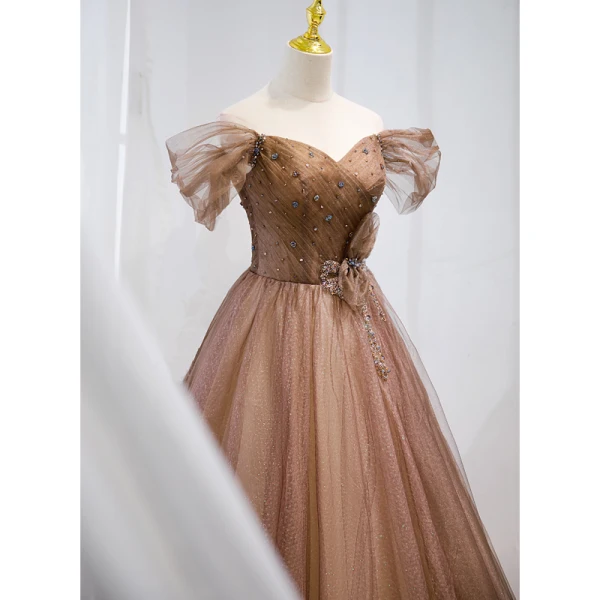 Schöne Champagner Ballkleider 2021 A Linie Off Shoulder Perlenstickerei Pailletten Strass Ärmellos Rückenfreies Lange Festliche Kleider