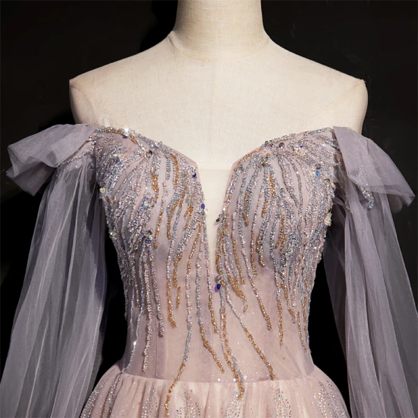 Chic / Beautiful Dusky Pink Prom Dresses 2021 A-Line / Princess Off-The-Shoulder Beading Rhinestone Sequins Long Sleeve Backless Floor-Length / Long Formal Dresses
